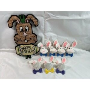7+1 EASTER BUNNY RABBIT SQUEEZUMS 80s - HANDMADE‎ PLASTIC CANVAS YARNIMALS
